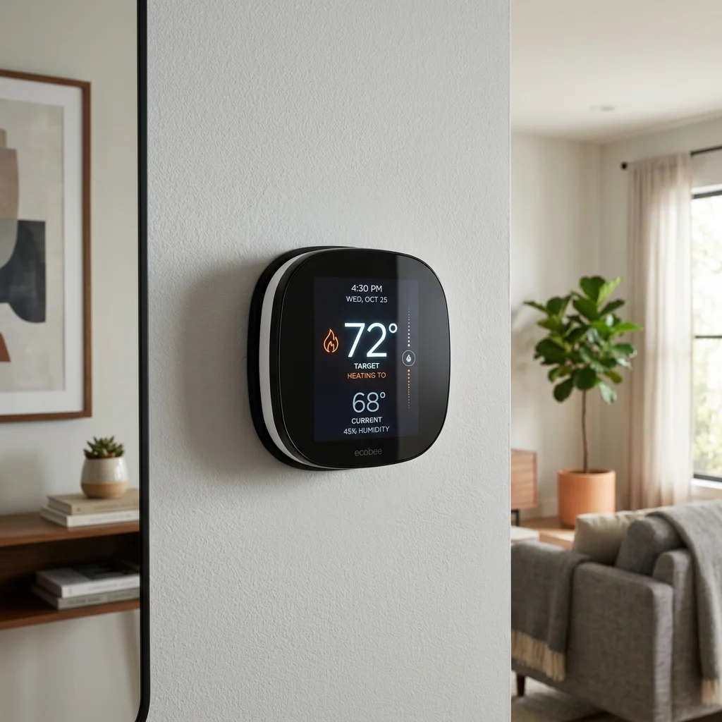 Smart termostat pokojowy zamontowany na ścianie pokazujący temperaturę domową