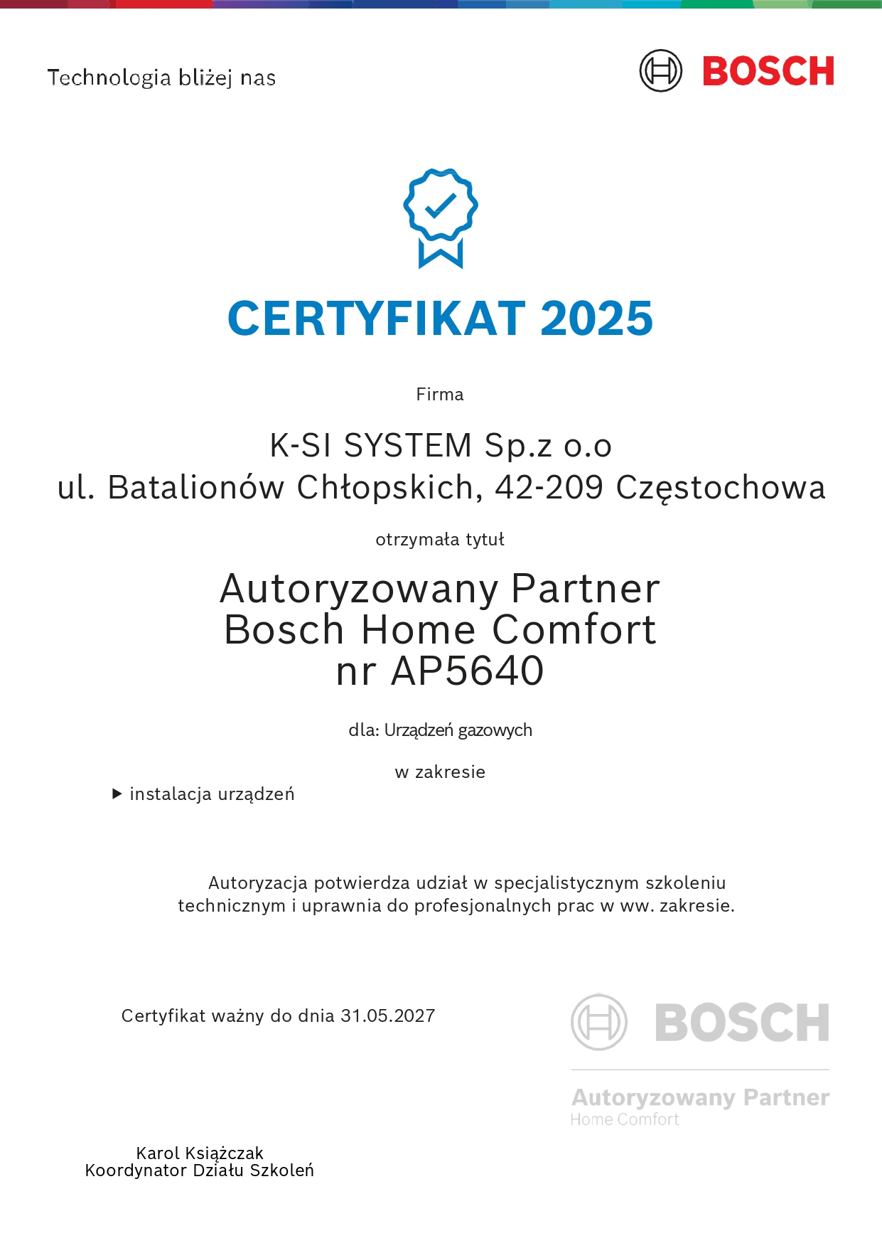 Certyfikat Bosch Home Comfort 2025 dla K-SI System