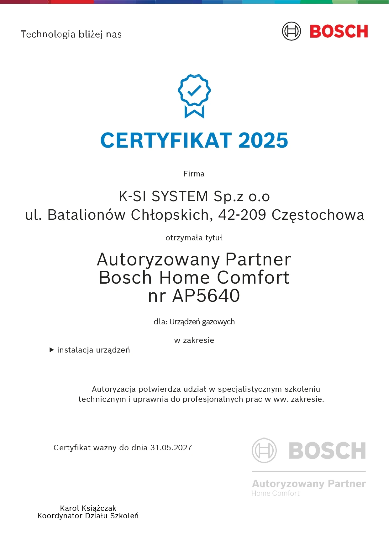 Certyfikat Bosch Home Comfort 2025 dla K-SI System